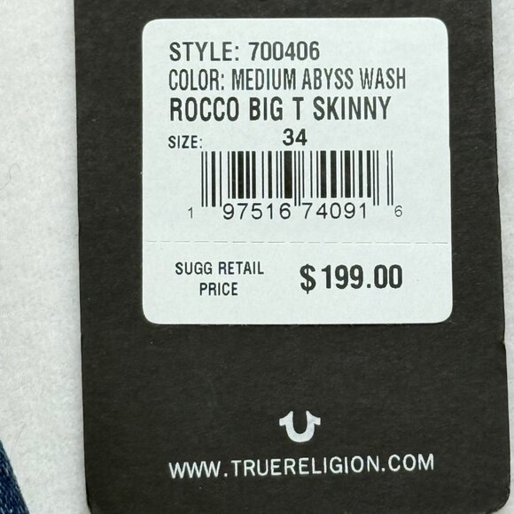 True Religion Men's Rocco Big T Stretch Skinny Abyss Blue Denim Jeans 34x32 NWT - Picture 7 of 13
